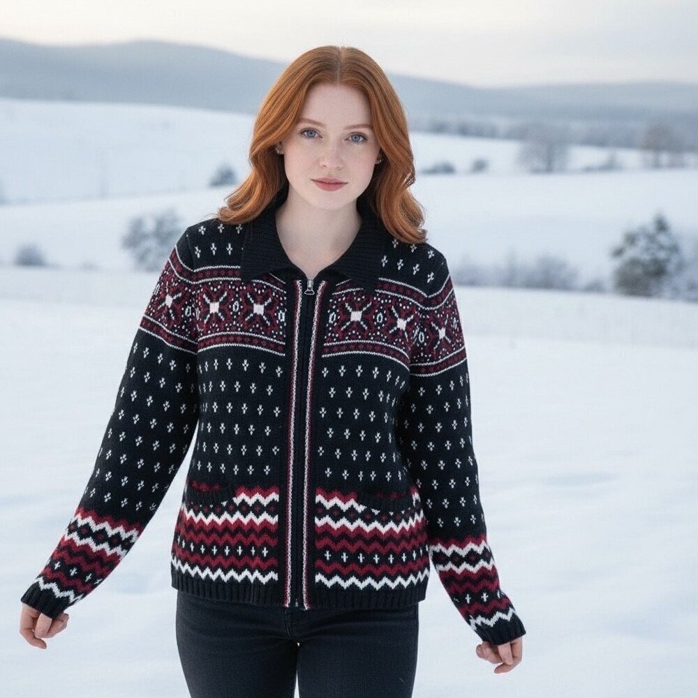 Vintage Black/Red Fair Isle Zip-Up Wool Sweater Casual Corner Size Large